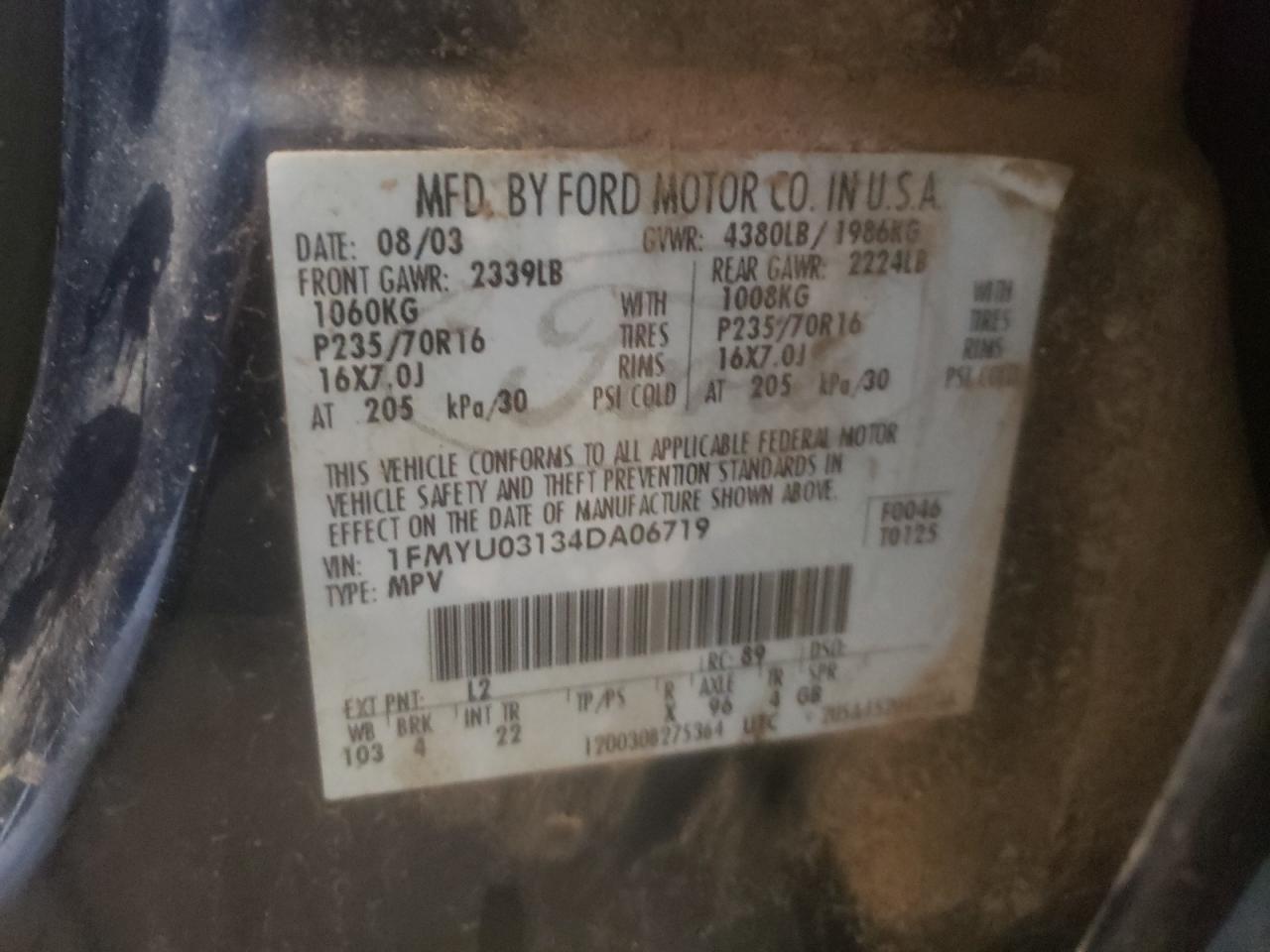 Photo 10 from auction – 2004 FORD ESCAPE XLT with VIN 1FMYU03134DA06719