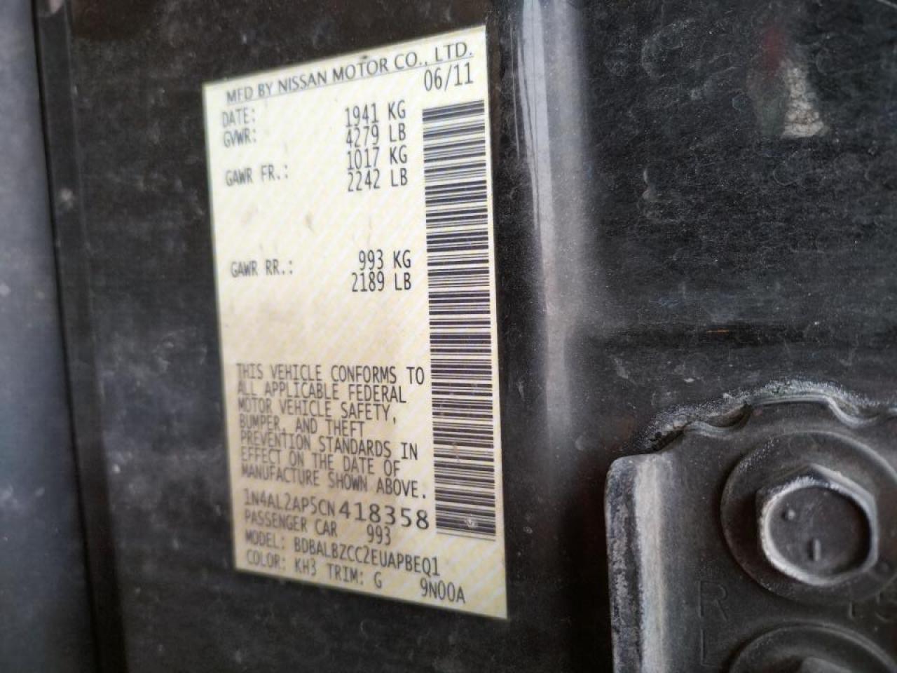 Photo 10 from auction – 2012 NISSAN ALTIMA BAS with VIN 1N4AL2AP5CN418358