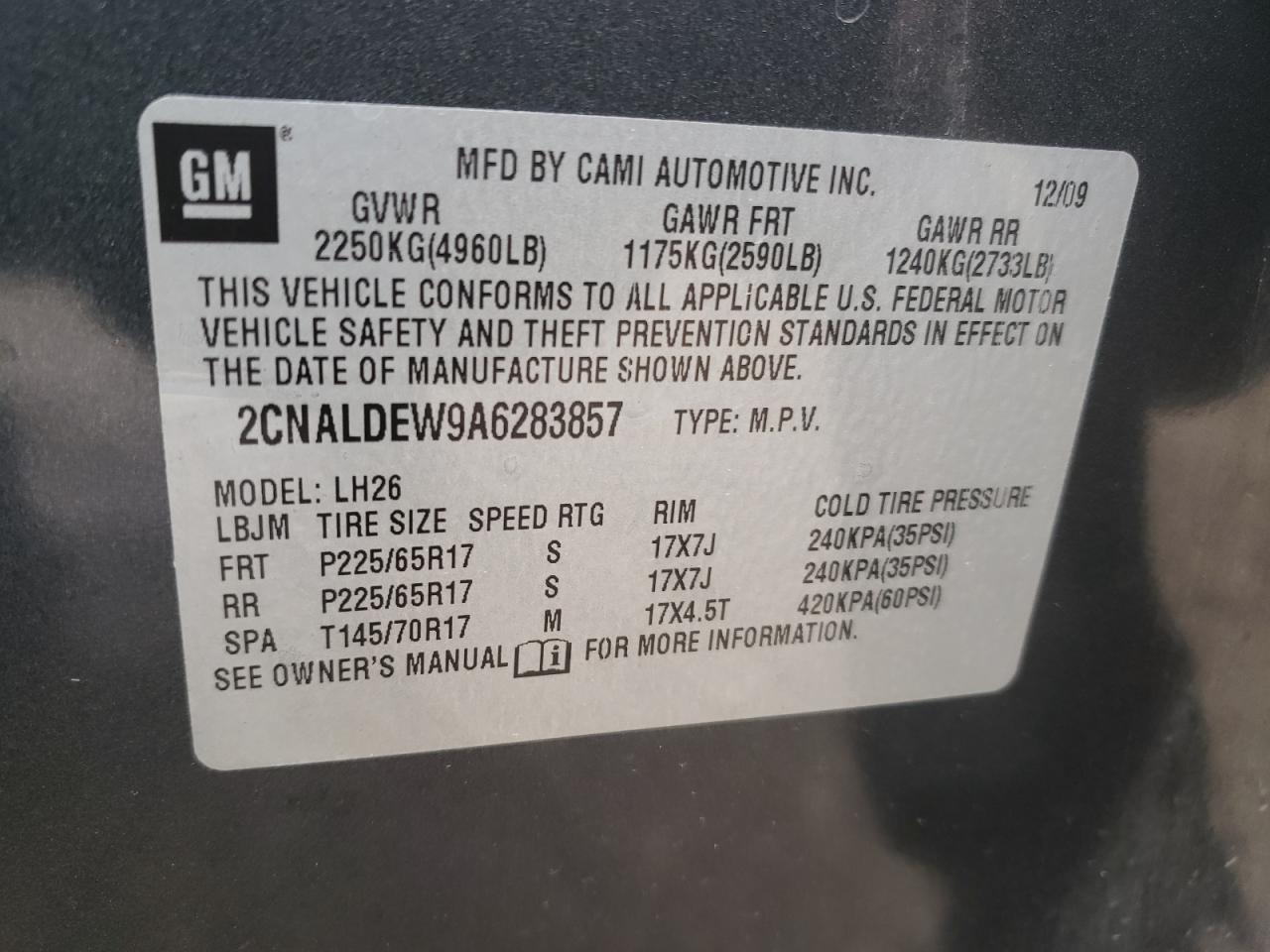 Photo 10 from auction – 2010 CHEVROLET EQUINOX LT with VIN 2CNALDEW9A6283857