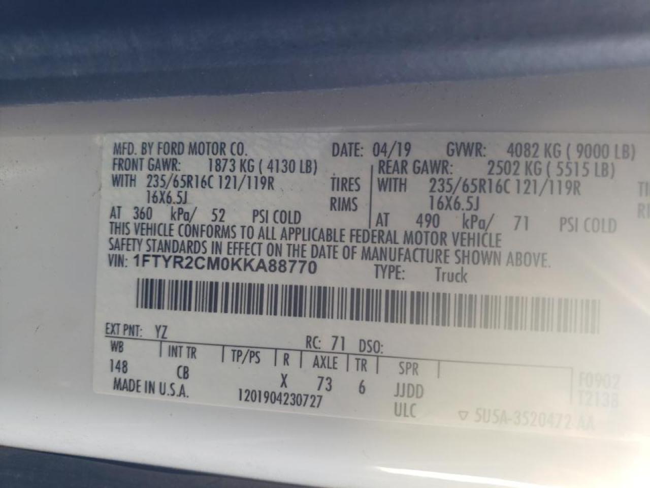 Zdjęcie 10 z aukcji – 2019 FORD TRANSIT T- z VIN 1FTYR2CM0KKA88770