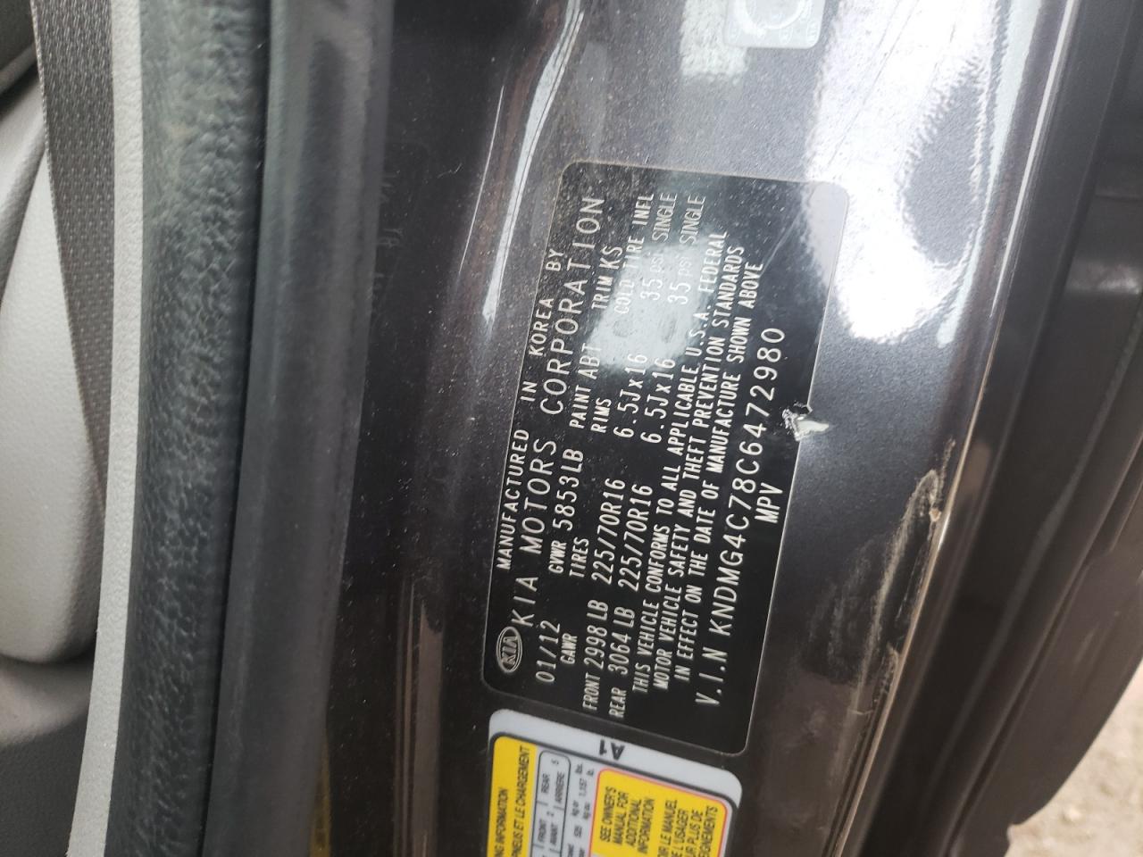 Photo 10 from auction – 2012 KIA SEDONA LX with VIN KNDMG4C78C6472980