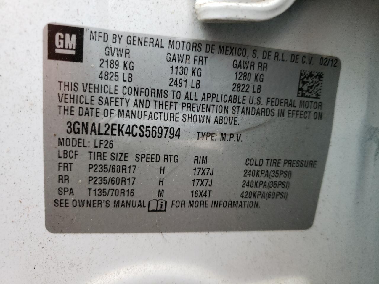 Photo 10 from auction – 2012 CHEVROLET CAPTIVA SP with VIN 3GNAL2EK4CS569794