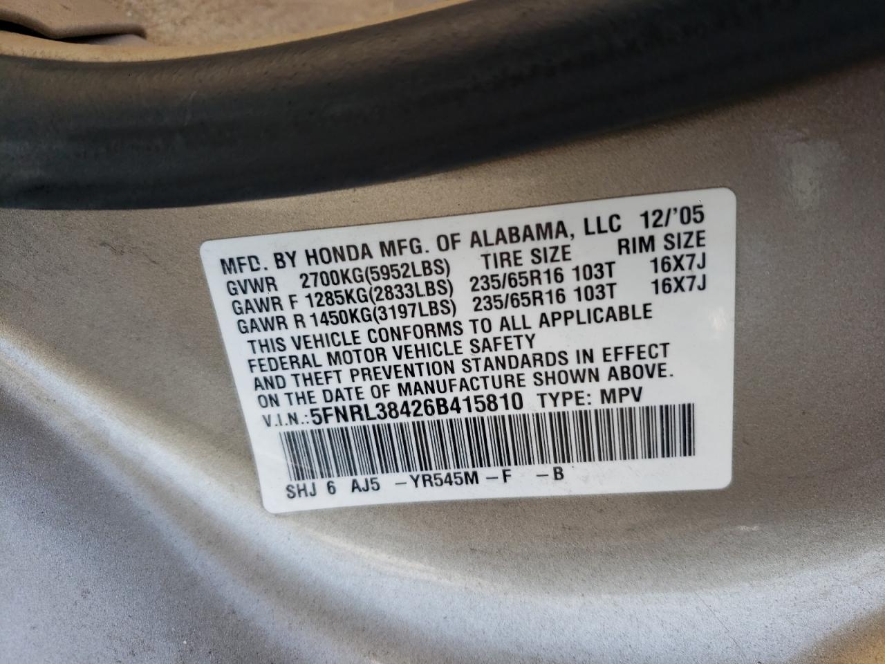Photo 10 from auction – 2006 HONDA ODYSSEY EX with VIN 5FNRL38426B415810