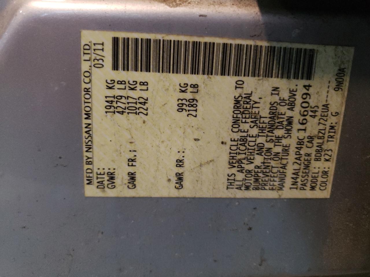 Photo 10 from auction – 2011 NISSAN ALTIMA BAS with VIN 1N4AL2AP4BC166094