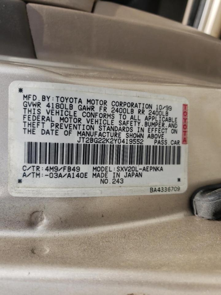 Photo 10 from auction – 2000 TOYOTA CAMRY CE with VIN JT2BG22K2Y0419552