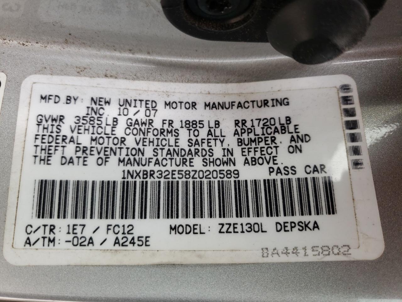 Photo 10 from auction – 2008 TOYOTA COROLLA CE with VIN 1NXBR32E58Z020589