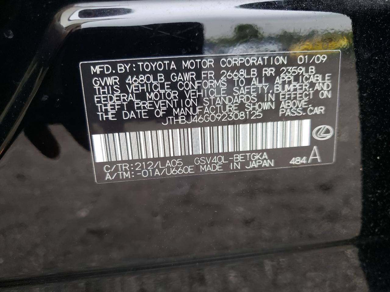 Photo 10 from auction – 2009 LEXUS ES 350 with VIN JTHBJ46G092308125