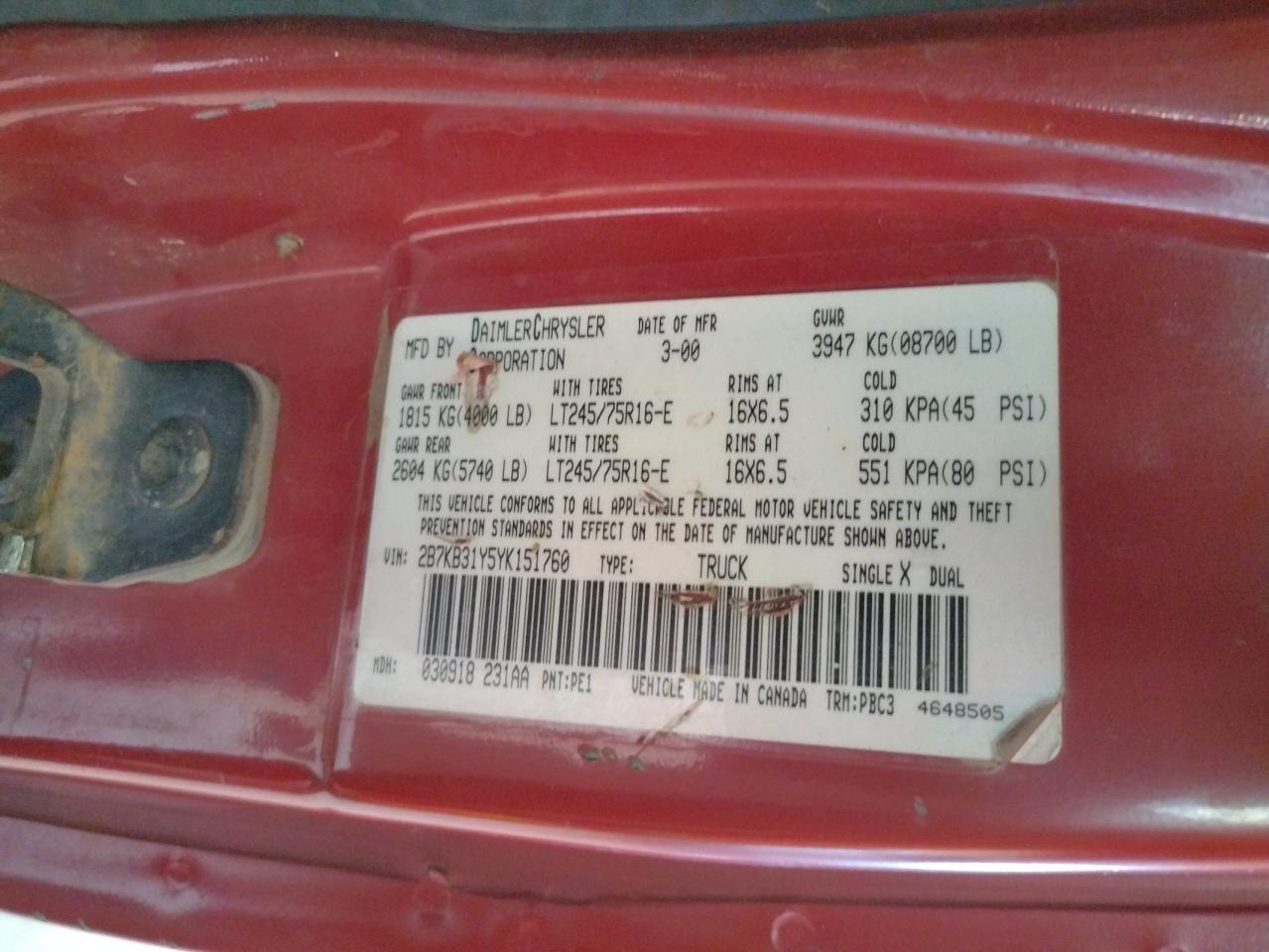 Photo 10 from auction – 2000 DODGE RAM VAN B3 with VIN 2B7KB31Y5YK151760