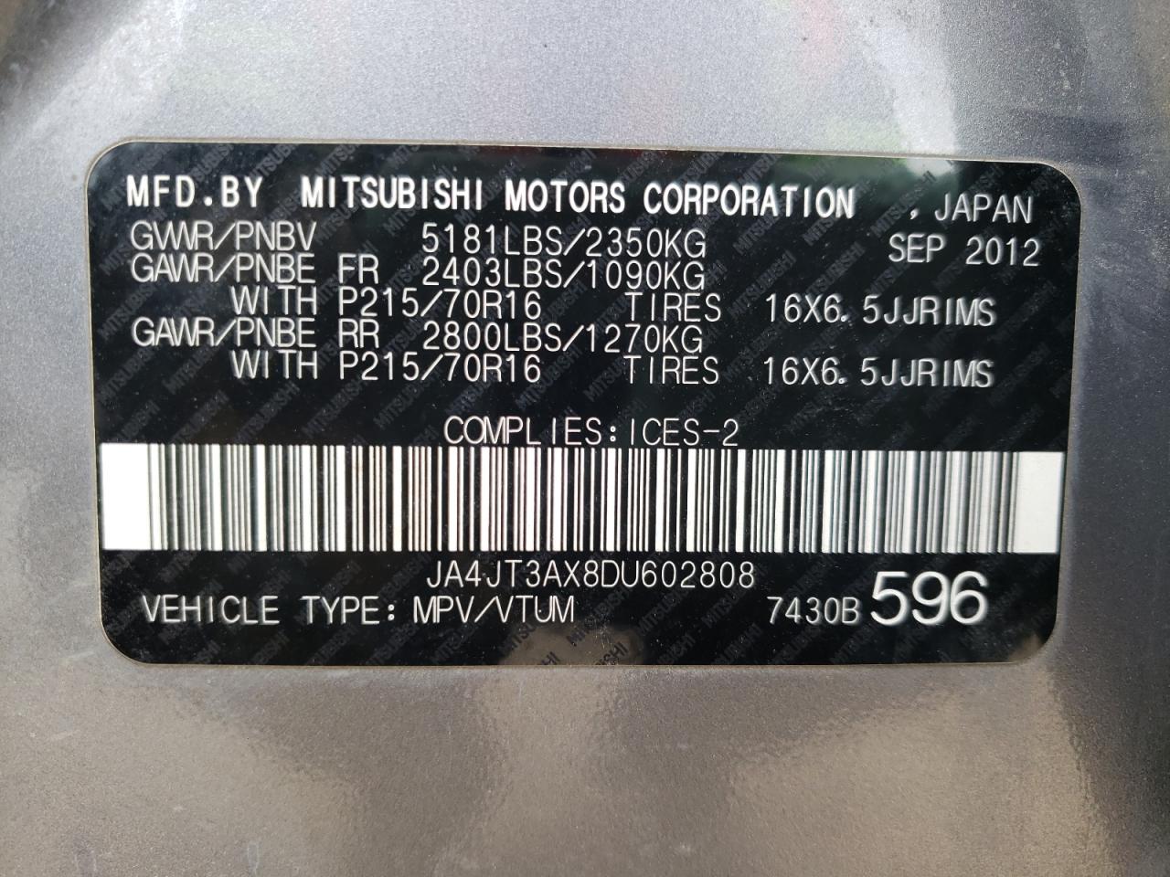 Photo 10 from auction – 2013 MITSUBISHI OUTLANDER with VIN JA4JT3AX8DU602808