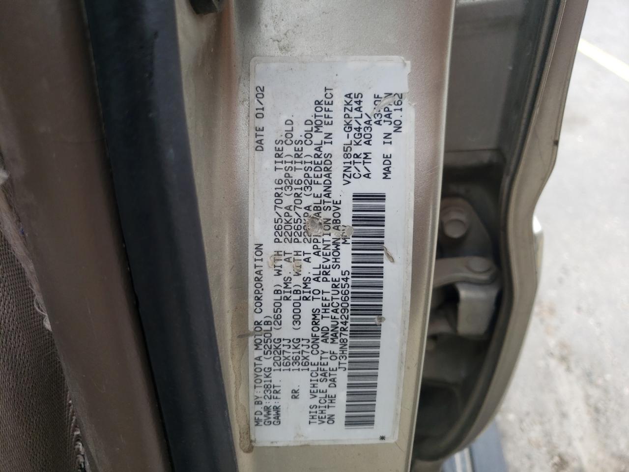 Photo 10 from auction – 2002 TOYOTA 4RUNNER LI with VIN JT3HN87R429066545