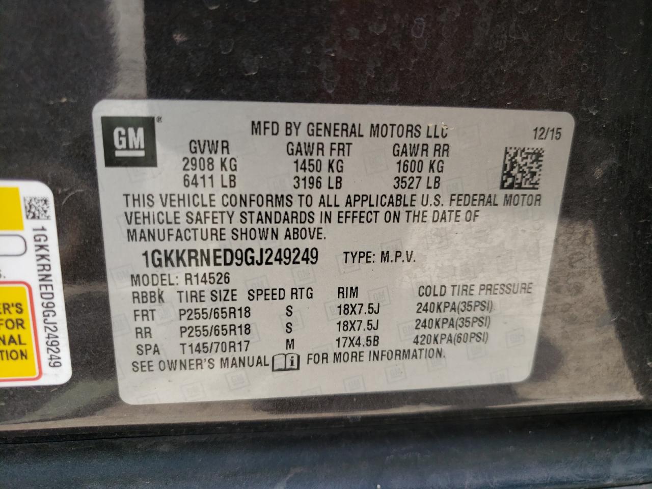 Photo 10 from auction – 2016 GMC ACADIA SLE with VIN 1GKKRNED9GJ249249