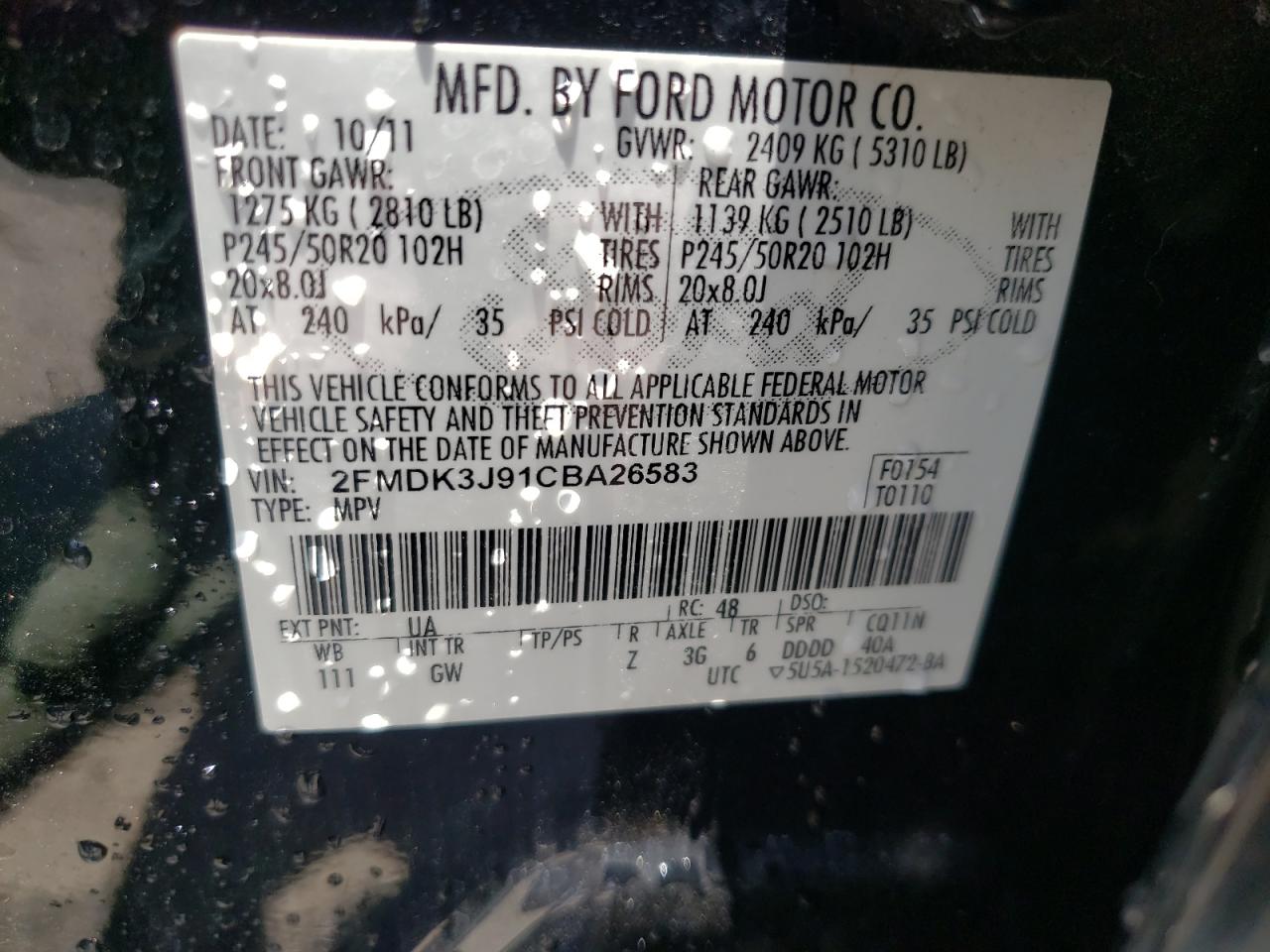 Photo 10 from auction – 2012 FORD EDGE SEL with VIN 2FMDK3J91CBA26583