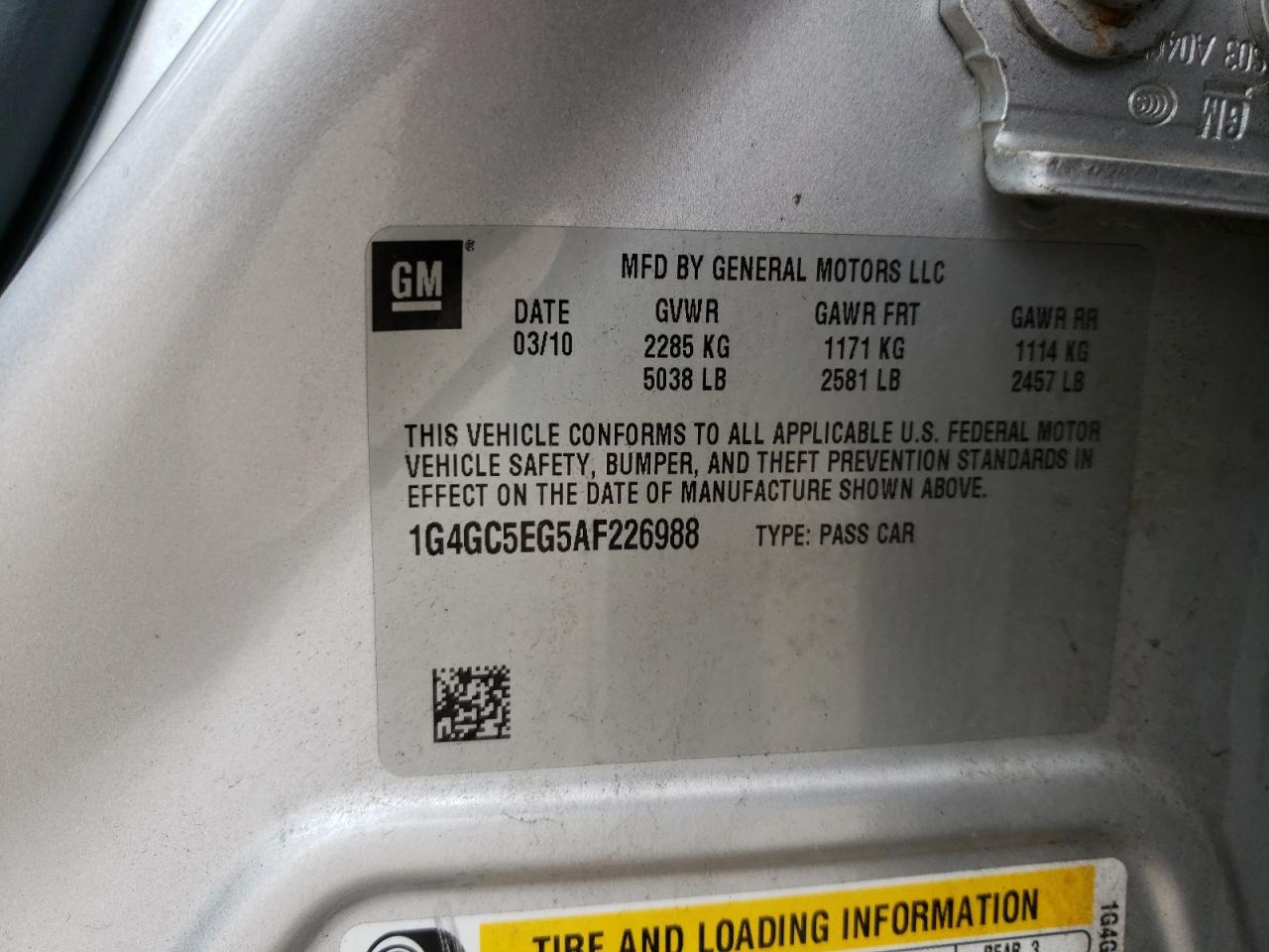 Photo 10 from auction – 2010 BUICK LACROSSE C with VIN 1G4GC5EG5AF226988