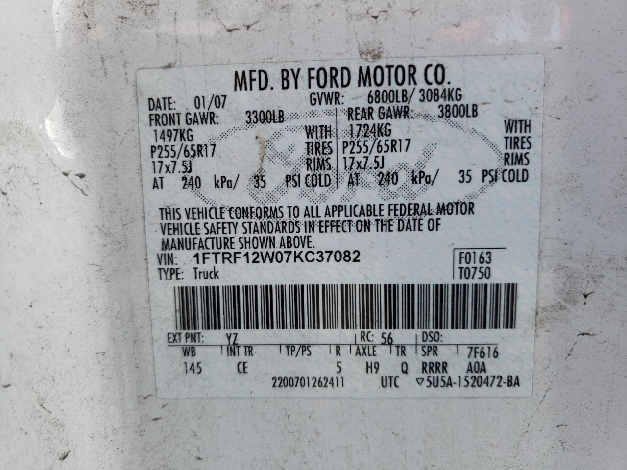 Photo 10 from auction – 2007 FORD F150 with VIN 1FTRF12W07KC37082
