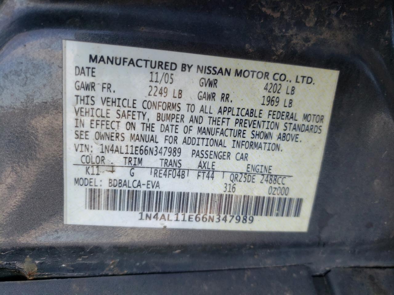 Photo 10 from auction – 2006 NISSAN ALTIMA S with VIN 1N4AL11E66N347989