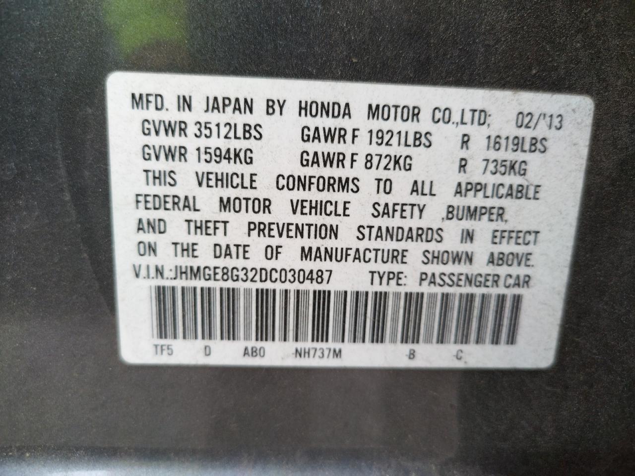 Photo 10 from auction – 2013 HONDA FIT with VIN JHMGE8G32DC030487