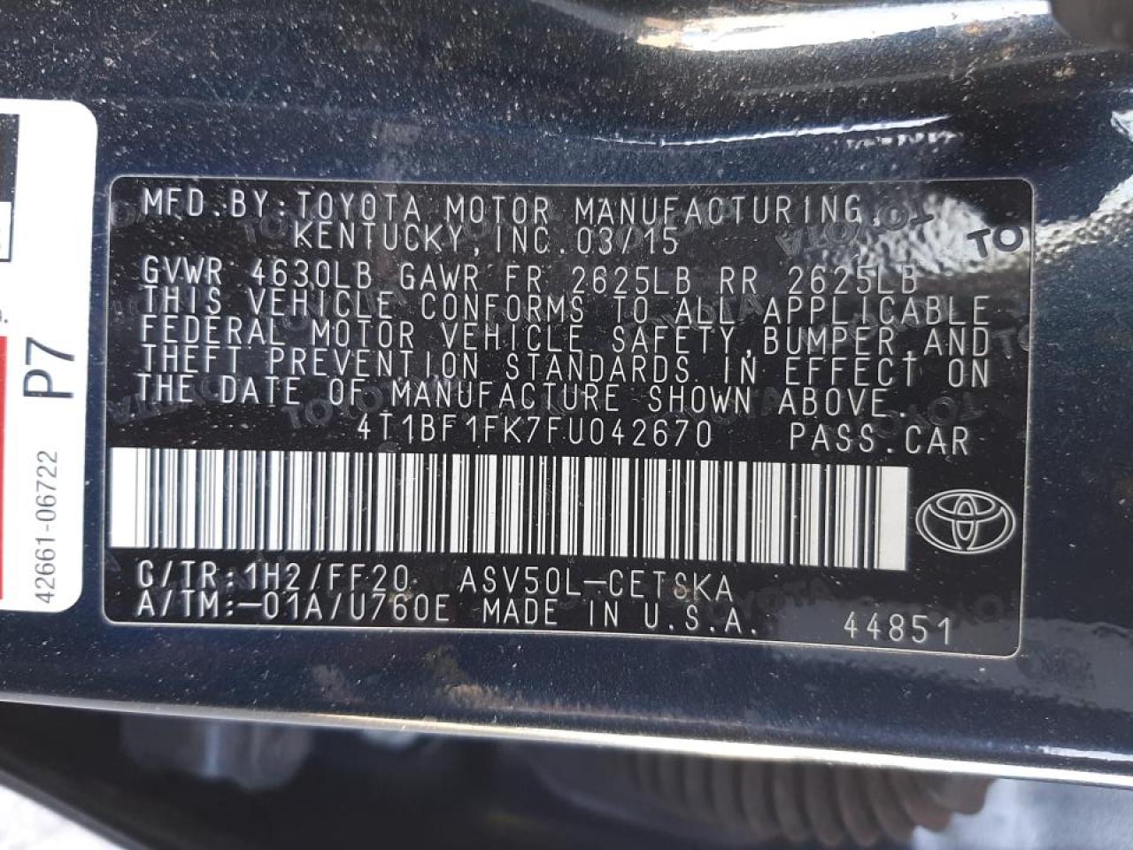 Photo 10 from auction – 2015 TOYOTA CAMRY LE with VIN 4T1BF1FK7FU042670