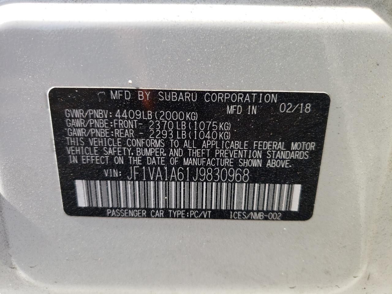 Photo 10 from auction – 2018 SUBARU WRX with VIN JF1VA1A61J9830968