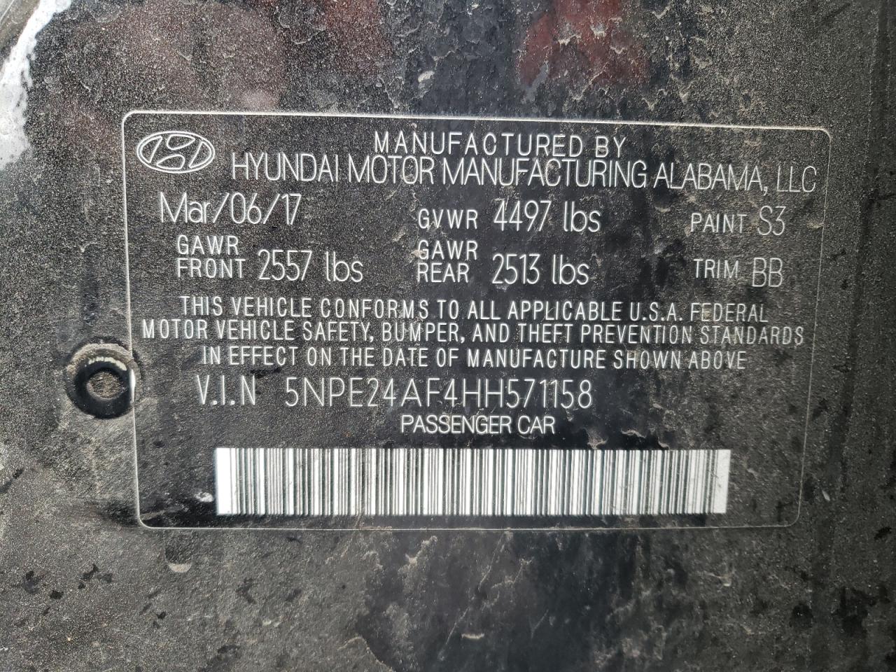 Photo 10 from auction – 2017 HYUNDAI SONATA SE with VIN 5NPE24AF4HH571158