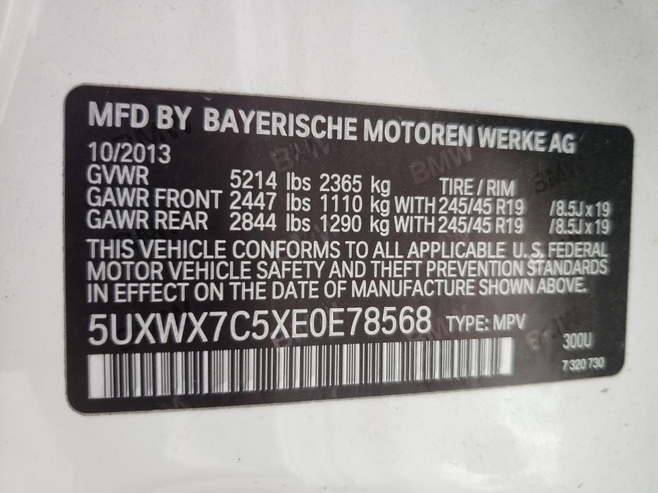 Photo 10 from auction – 2014 BMW X3 XDRIVE3 with VIN 5UXWX7C5XE0E78568