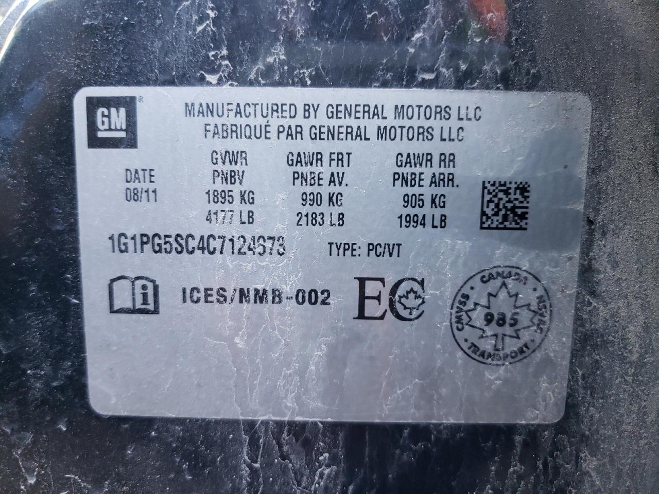 Photo 10 from auction – 2012 CHEVROLET CRUZE LT with VIN 1G1PG5SC4C7124873