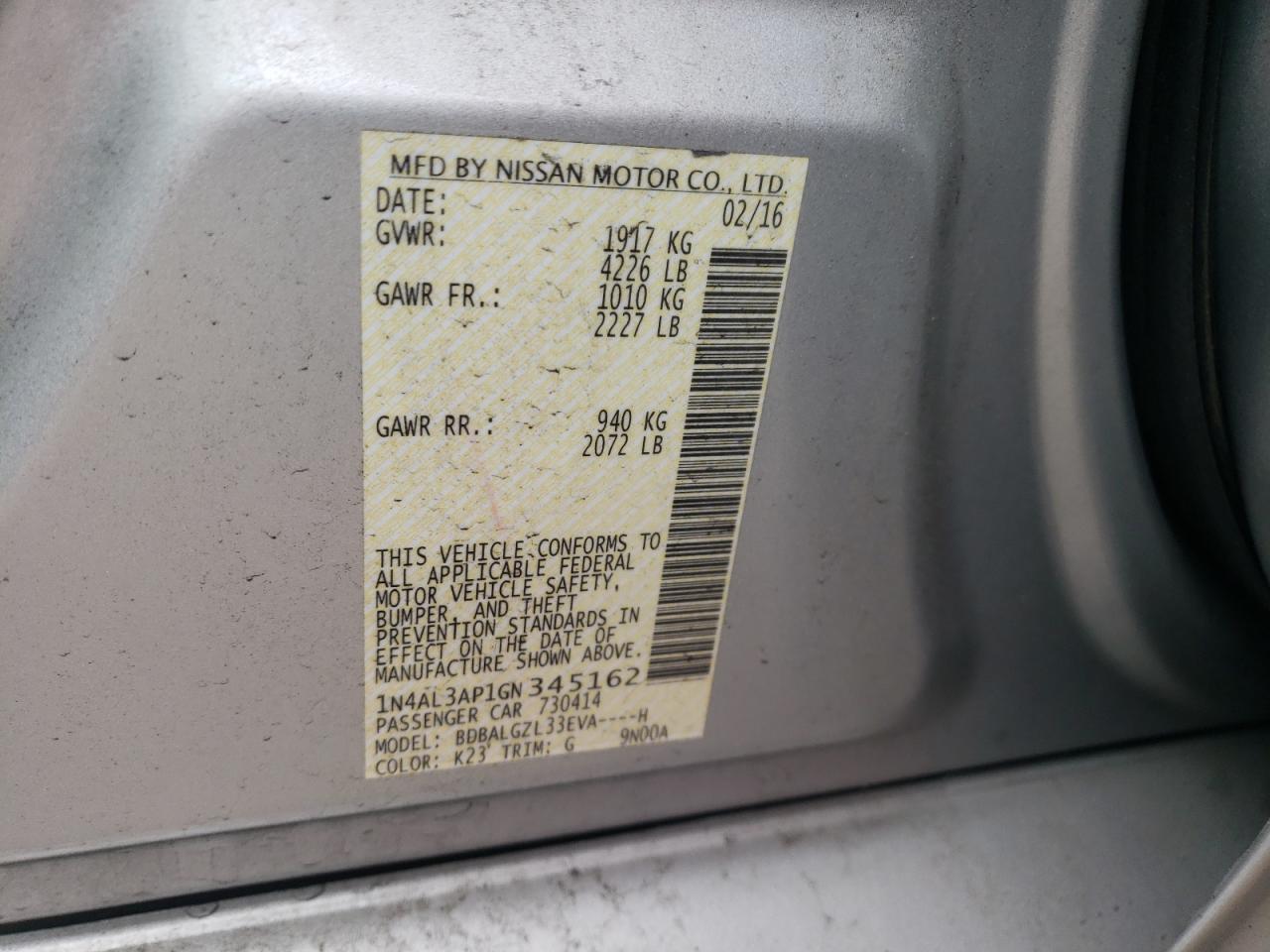 Photo 10 from auction – 2016 NISSAN ALTIMA 2.5 with VIN 1N4AL3AP1GN345162