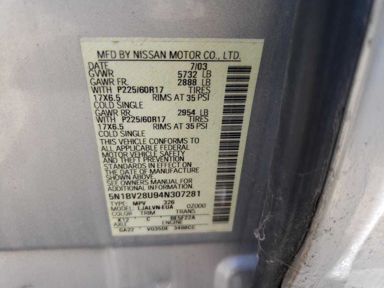 Photo 10 from auction – 2004 NISSAN QUEST S with VIN 5N1BV28U94N307281