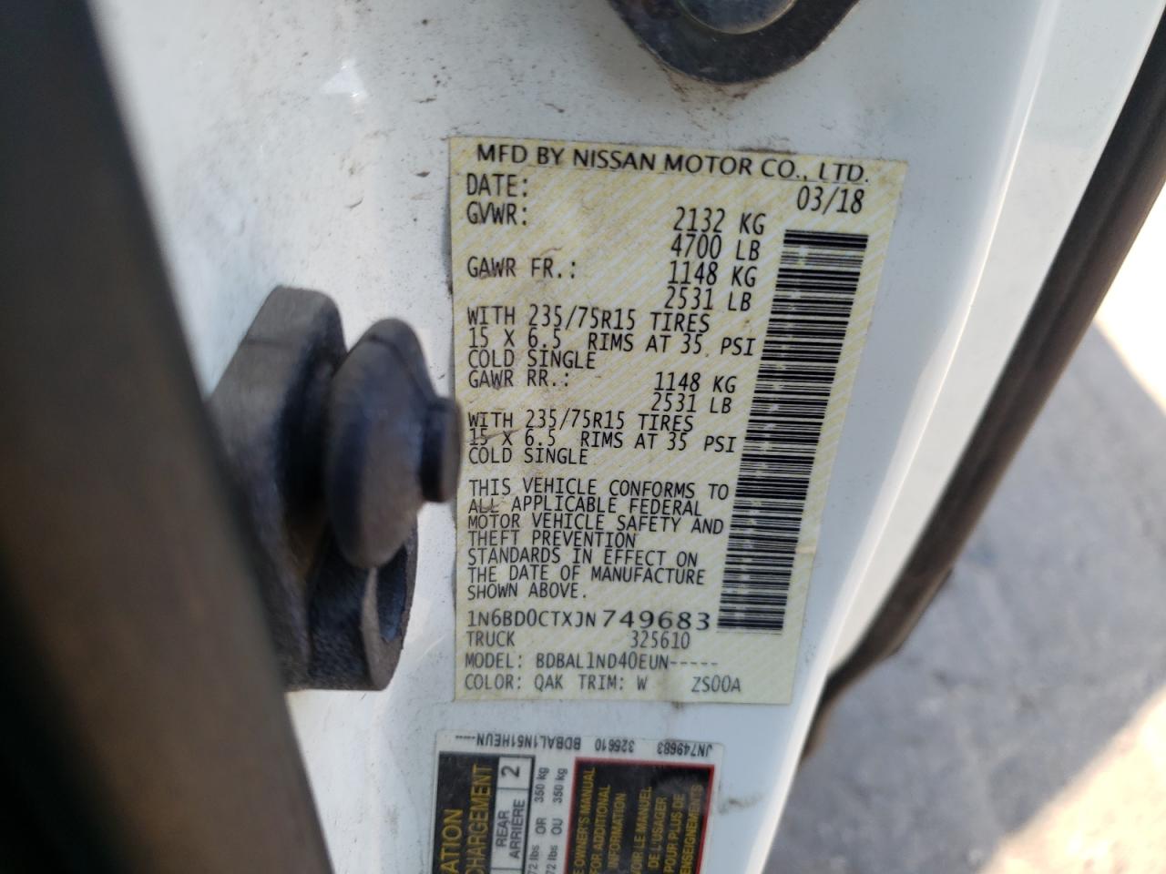 Photo 10 from auction – 2018 NISSAN FRONTIER S with VIN 1N6BD0CTXJN749683