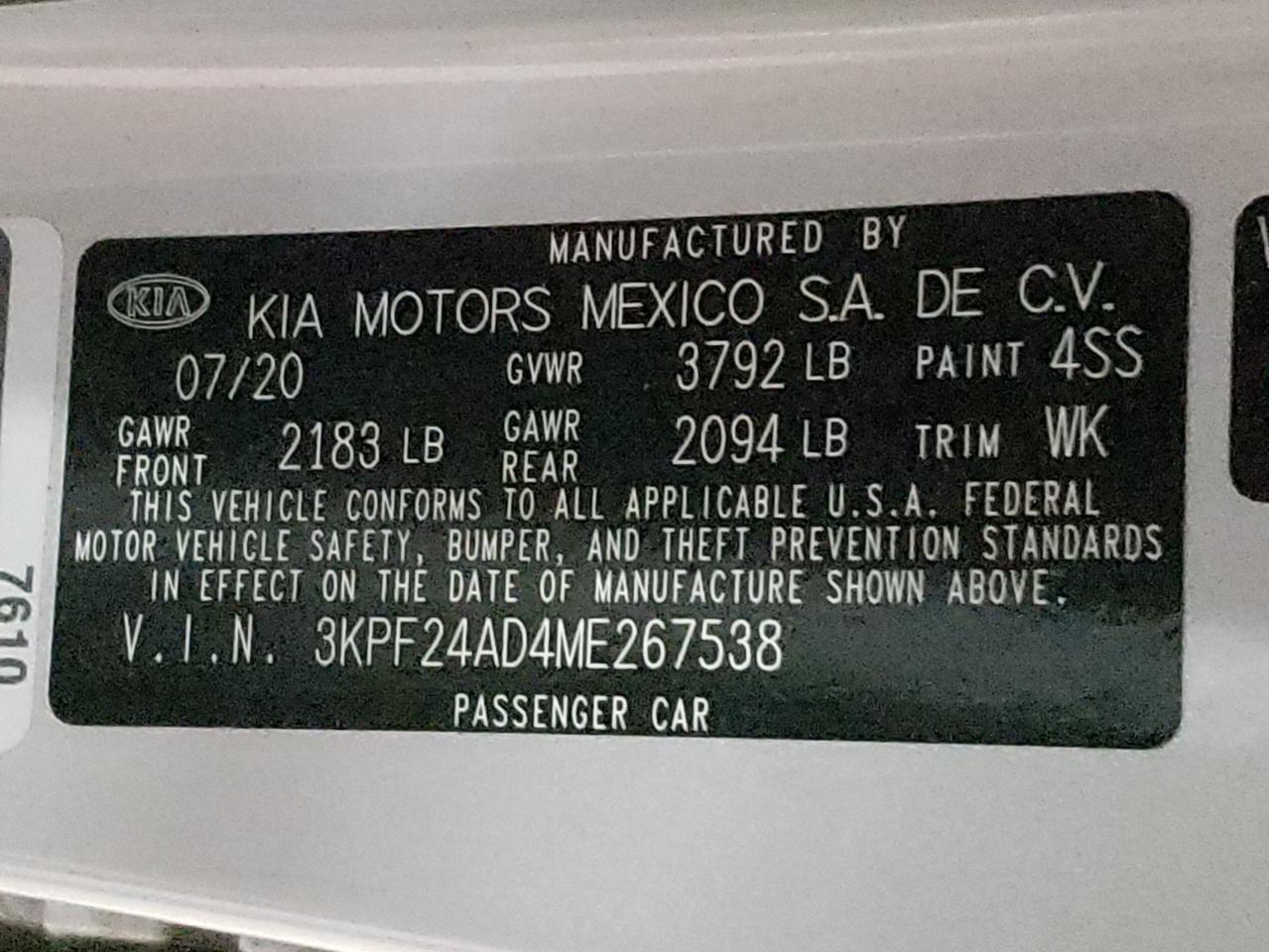 Photo 10 from auction – 2021 KIA FORTE FE with VIN 3KPF24AD4ME267538