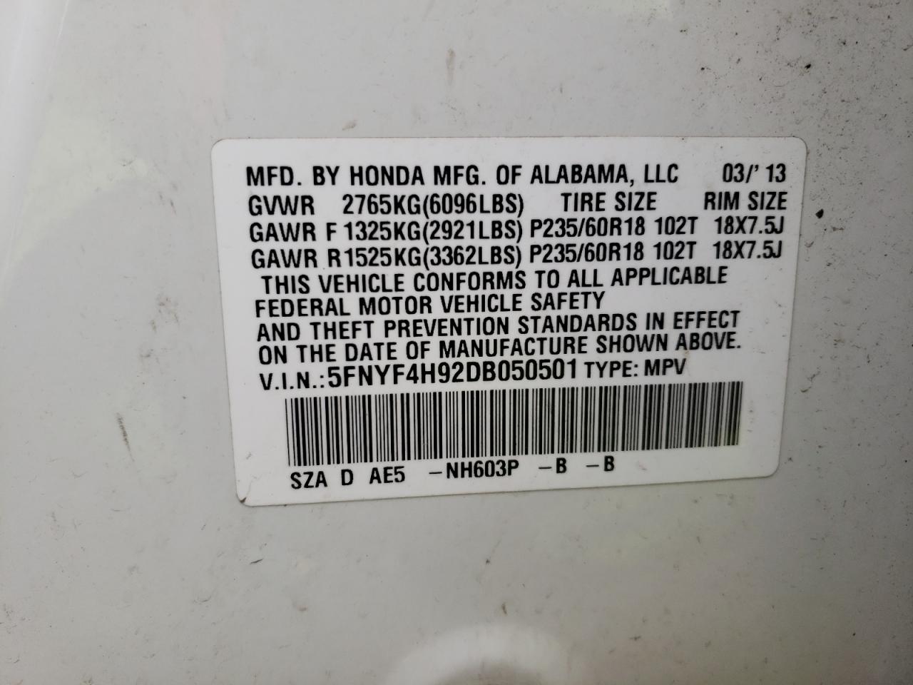 Photo 10 from auction – 2013 HONDA PILOT TOUR with VIN 5FNYF4H92DB050501