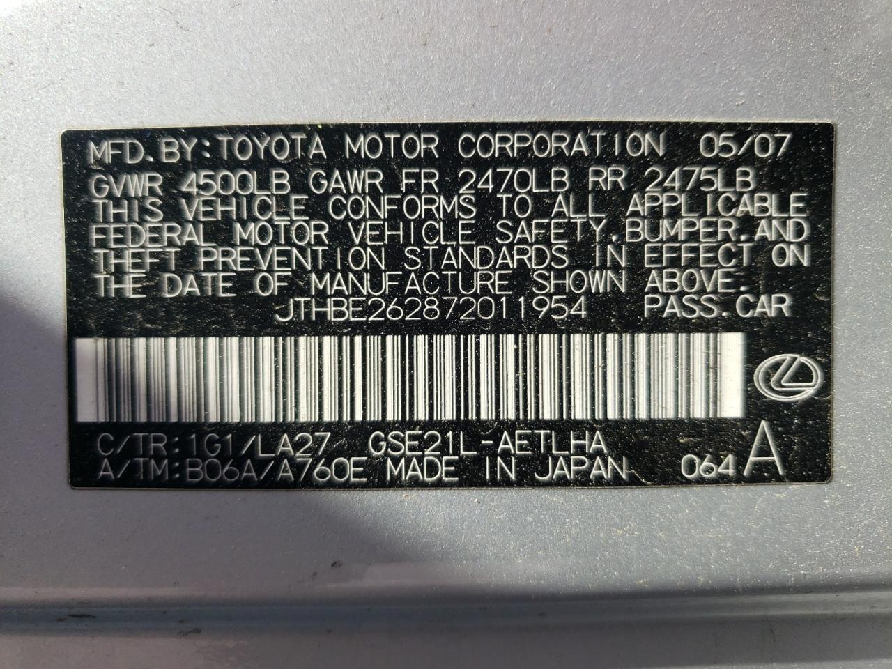 Photo 10 from auction – 2007 LEXUS IS 350 with VIN JTHBE262872011954