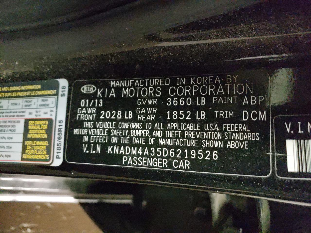 Photo 10 from auction – 2013 KIA RIO LX with VIN KNADM4A35D6219526
