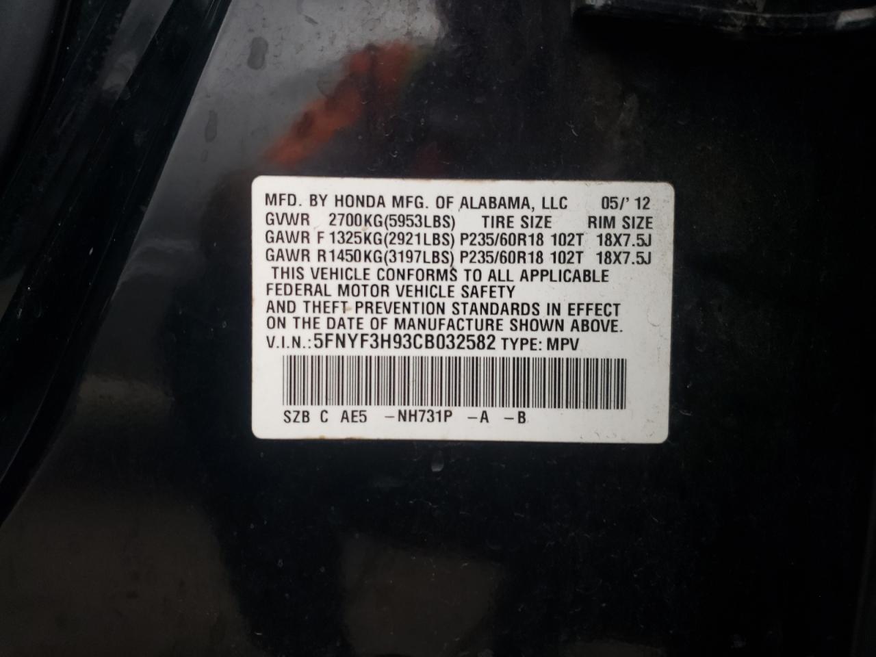Photo 10 from auction – 2012 HONDA PILOT TOUR with VIN 5FNYF3H93CB032582