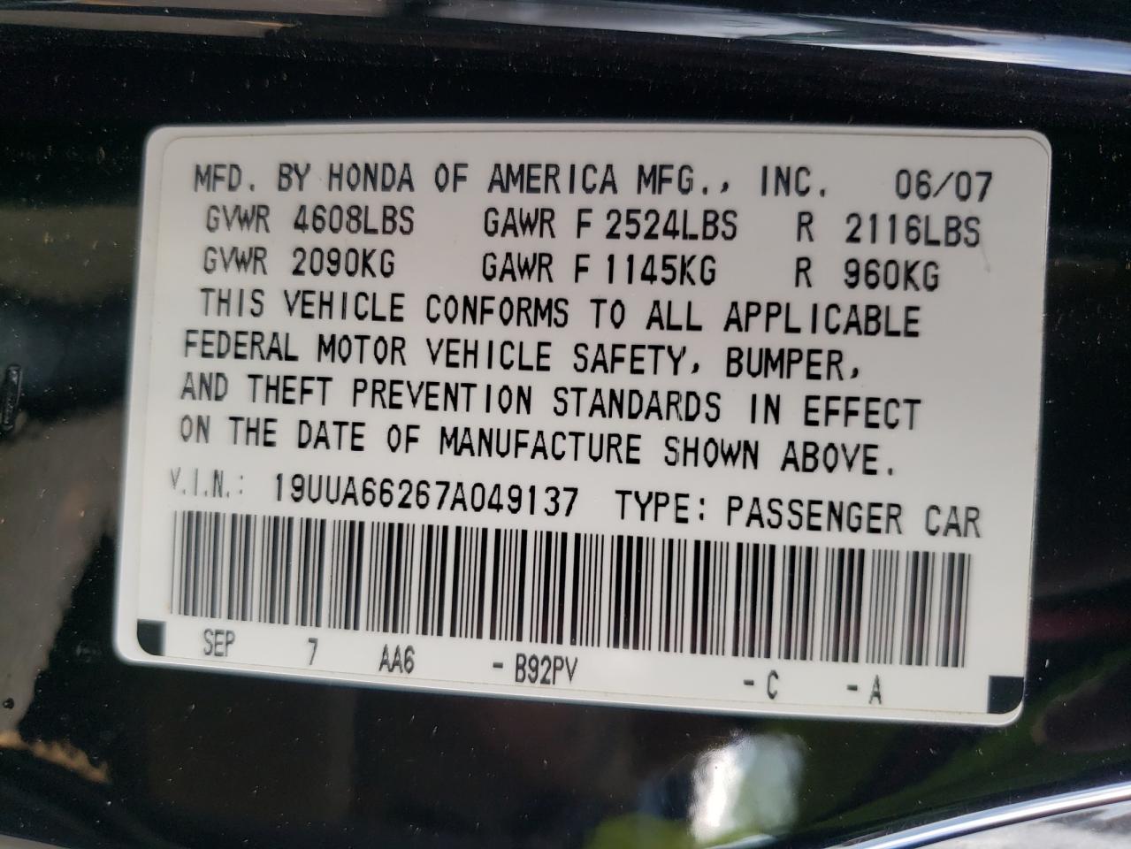 Photo 10 from auction – 2007 ACURA TL with VIN 19UUA66267A049137