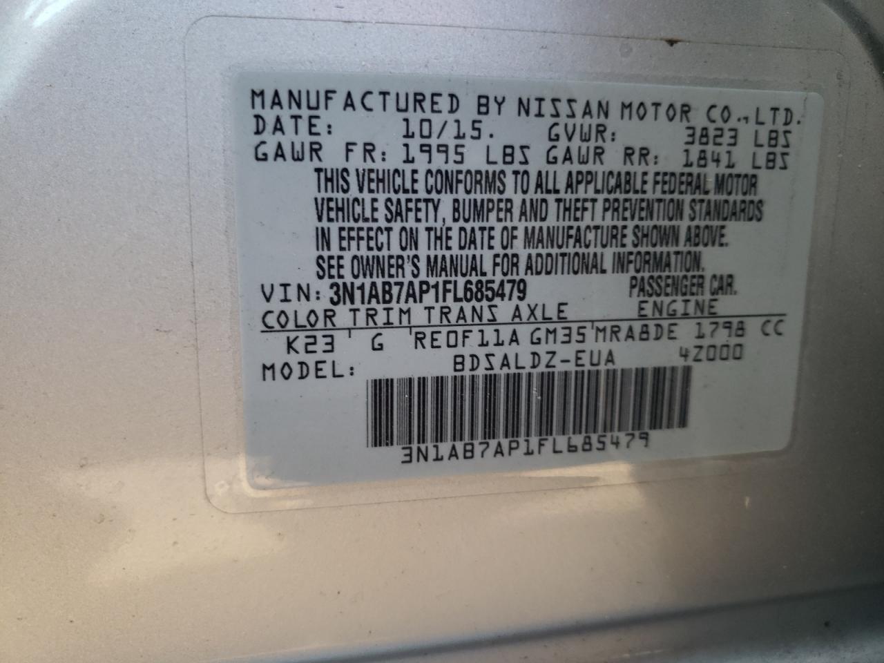 Photo 10 from auction – 2015 NISSAN SENTRA S with VIN 3N1AB7AP1FL685479