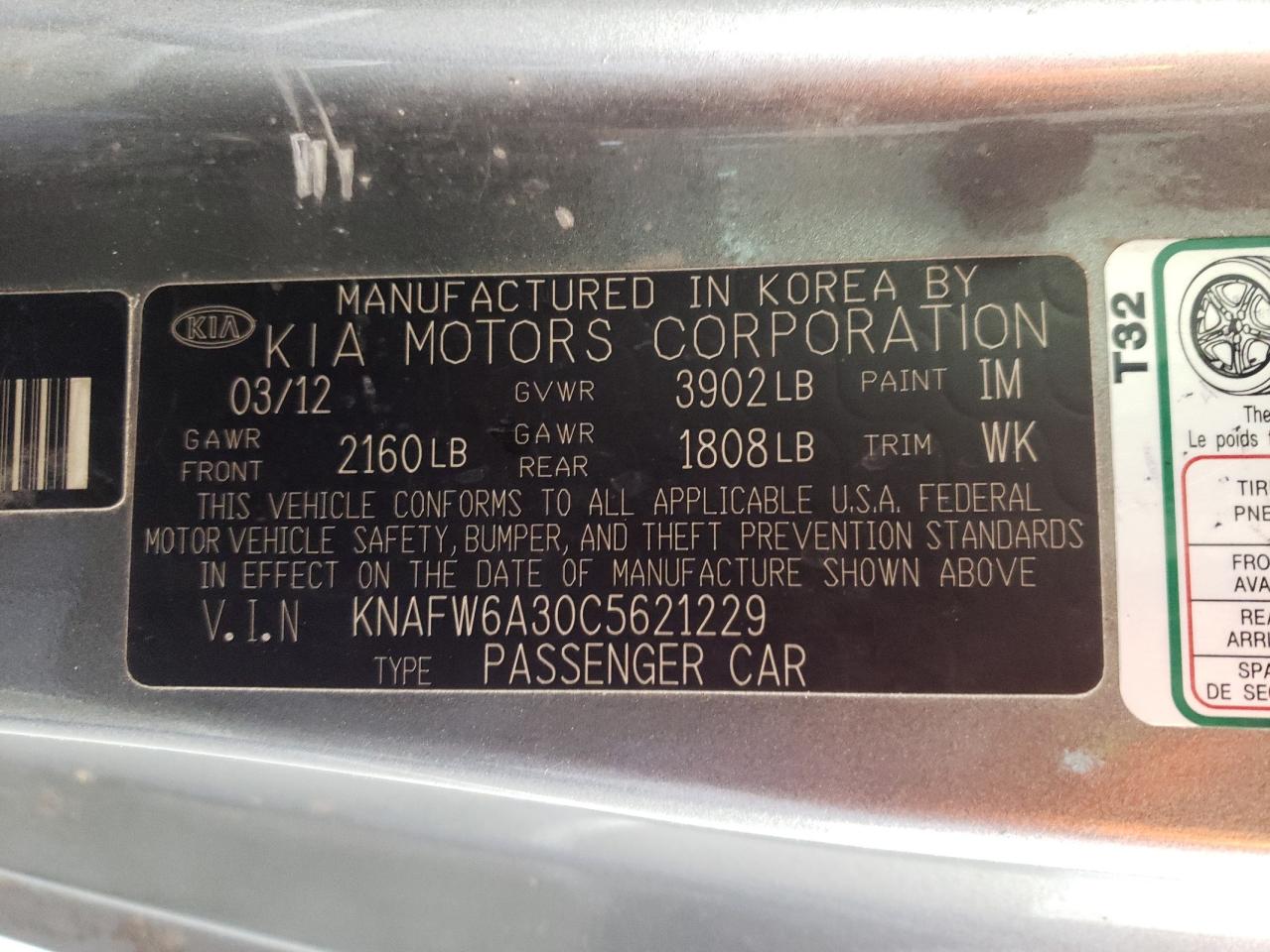 Photo 20 from auction – 2012 KIA FORTE SX with VIN KNAFW6A30C5621229
