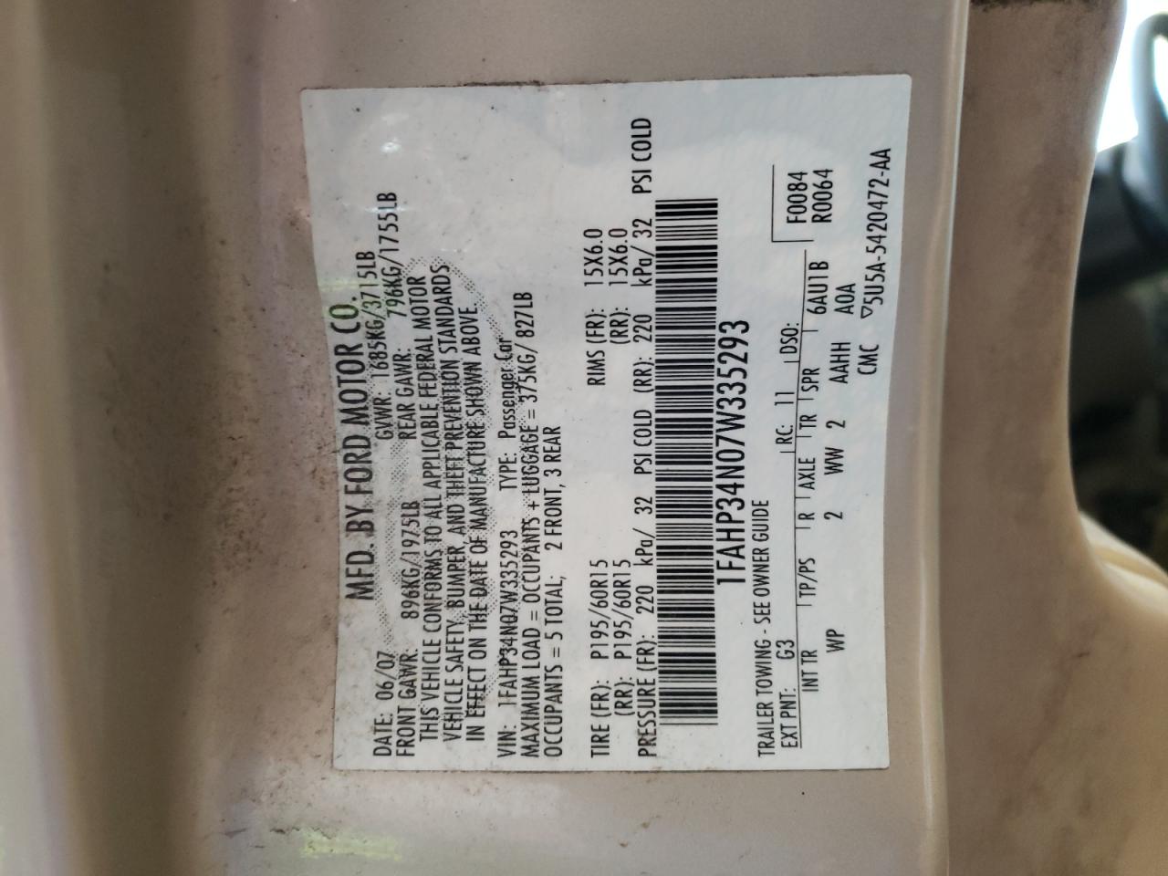Photo 10 from auction – 2007 FORD FOCUS ZX4 with VIN 1FAHP34N07W335293