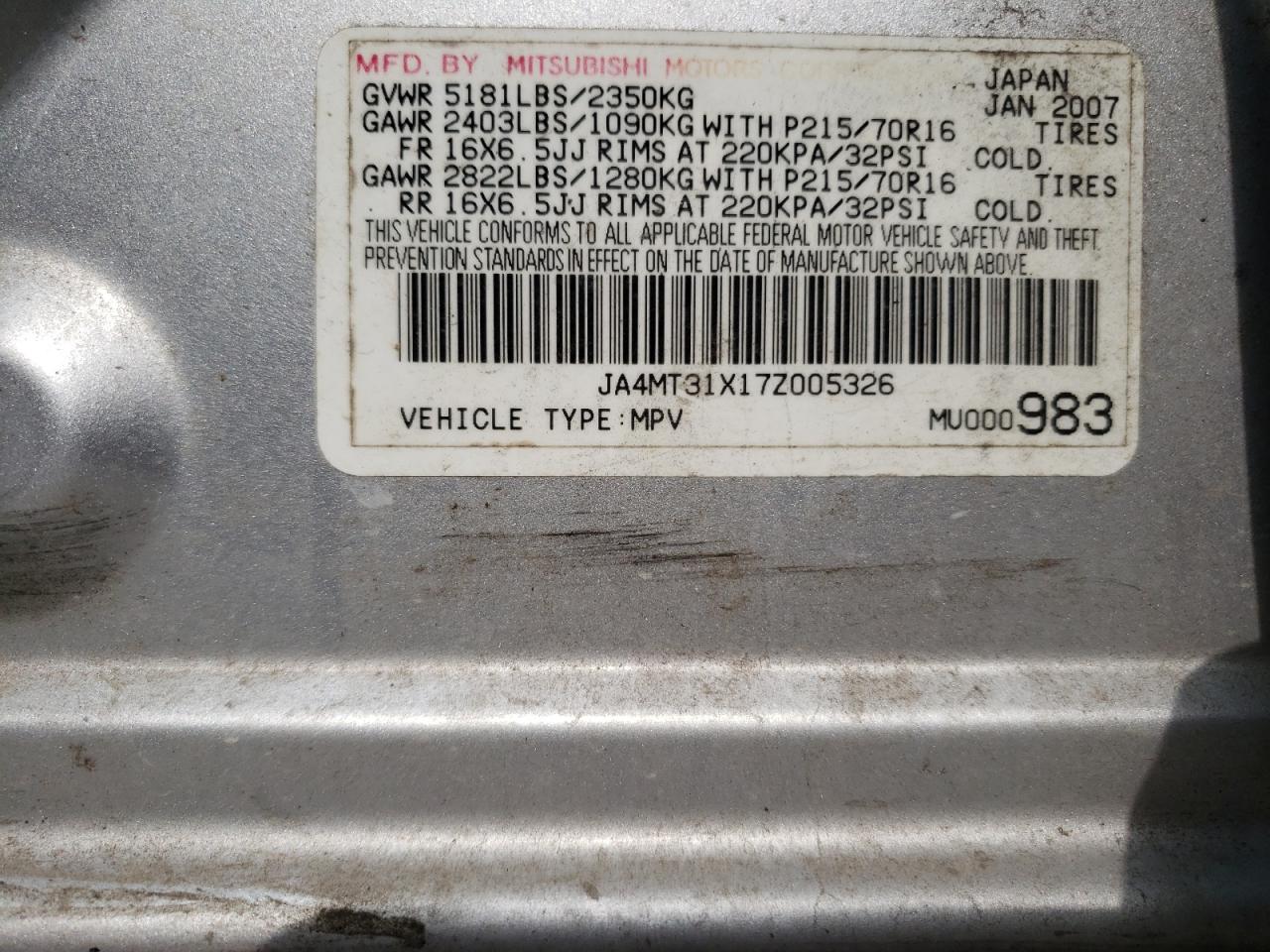 Photo 10 from auction – 2007 MITSUBISHI OUTLANDER with VIN JA4MT31X17Z005326