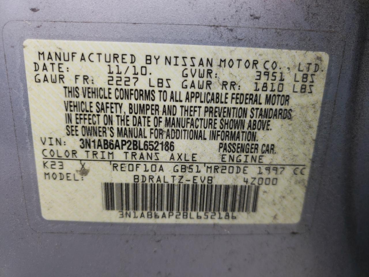 Photo 10 from auction – 2011 NISSAN SENTRA 2.0 with VIN 3N1AB6AP2BL652186