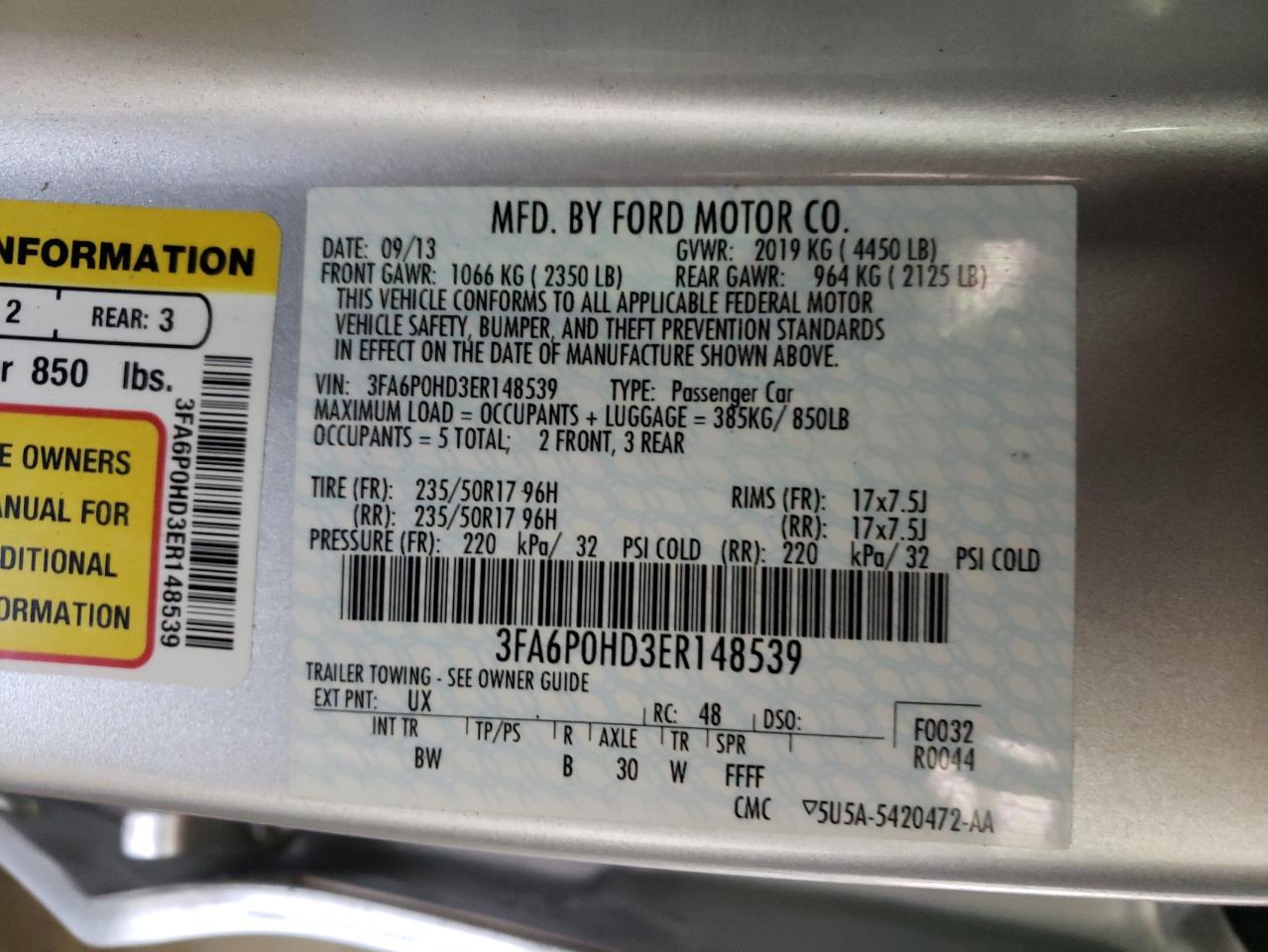 Photo 10 from auction – 2014 FORD FUSION SE with VIN 3FA6P0HD3ER148539