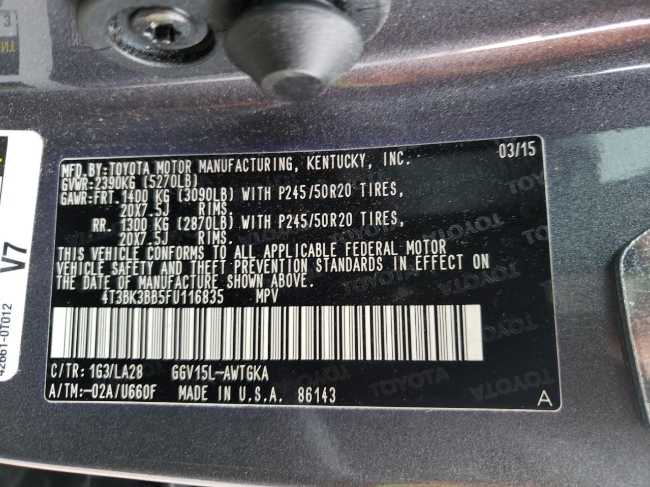 Photo 10 from auction – 2015 TOYOTA VENZA LE with VIN 4T3BK3BB5FU116835