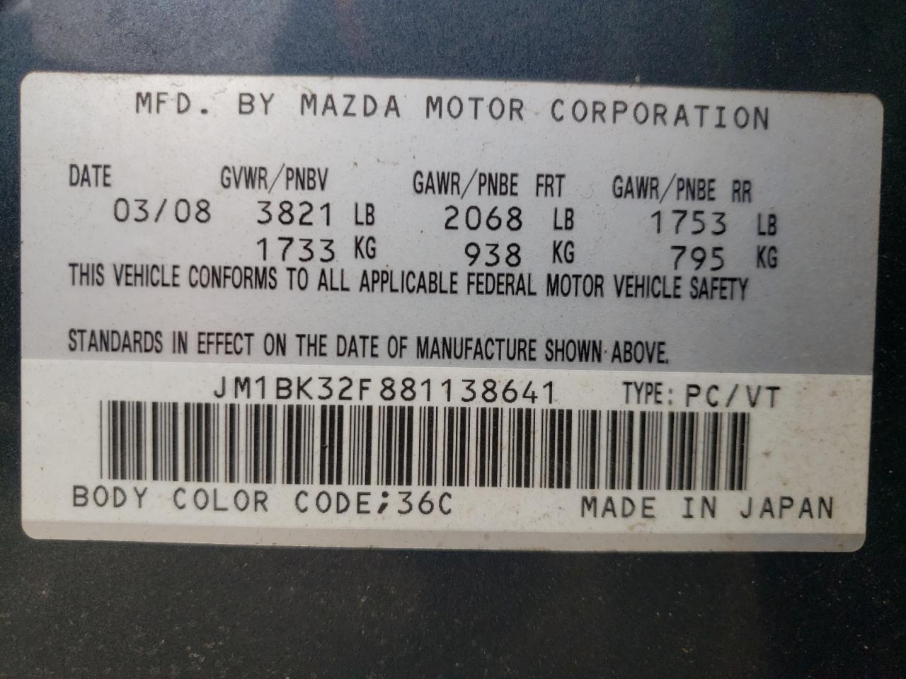Photo 10 from auction – 2008 MAZDA 3 I with VIN JM1BK32F881138641