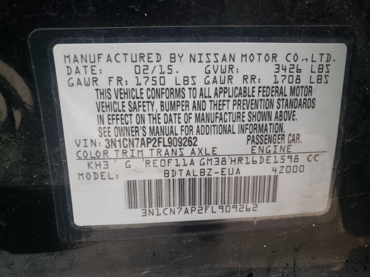 Photo 10 from auction – 2015 NISSAN VERSA S with VIN 3N1CN7AP2FL909262