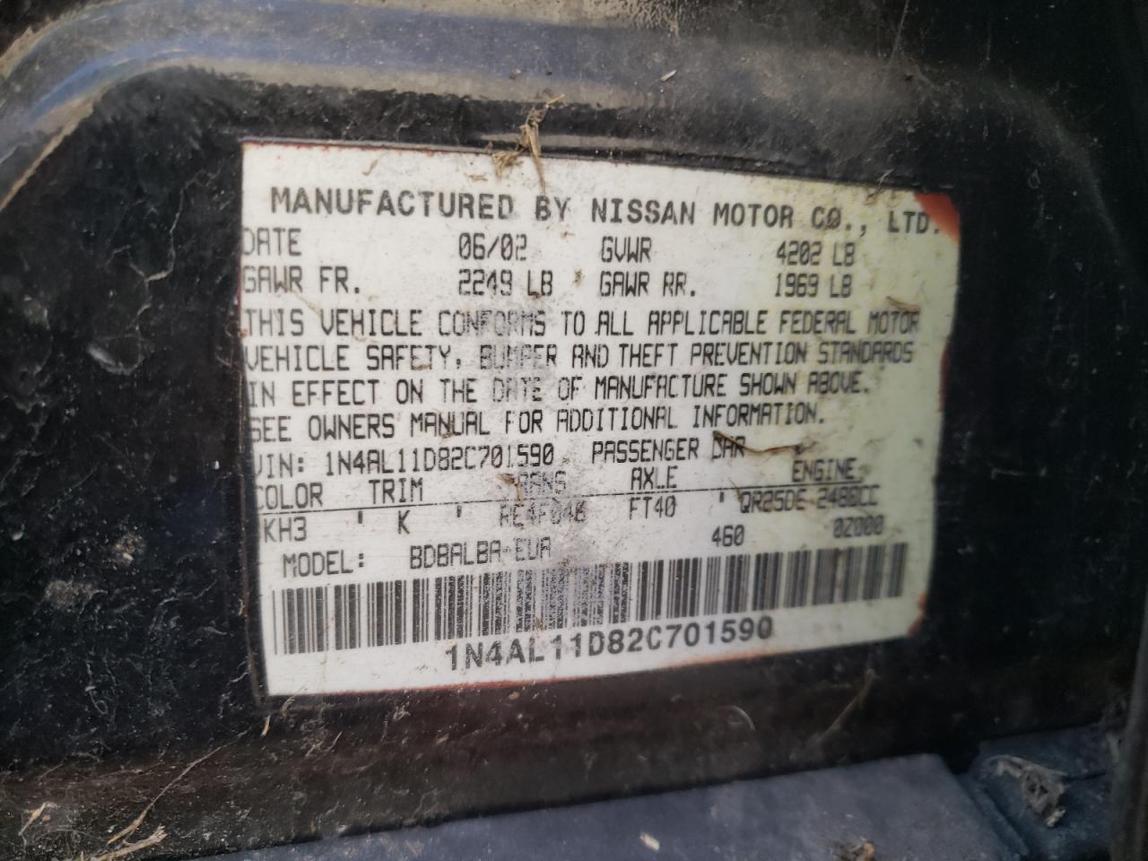 Photo 10 from auction – 2002 NISSAN ALTIMA BAS with VIN 1N4AL11D82C701590
