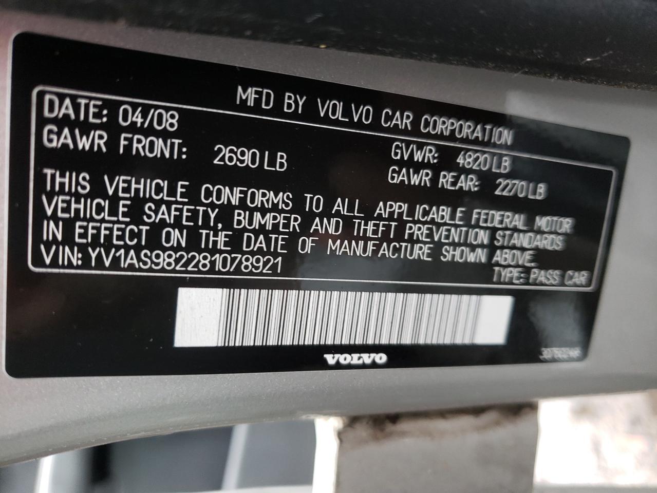 Photo 10 from auction – 2008 VOLVO S80 3.2 with VIN YV1AS982281078921