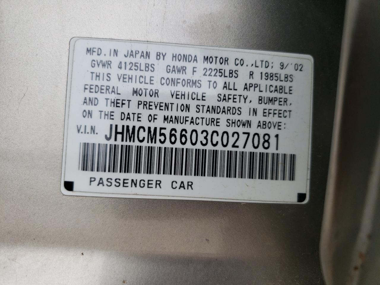 Photo 10 from auction – 2003 HONDA ACCORD EX with VIN JHMCM56603C027081