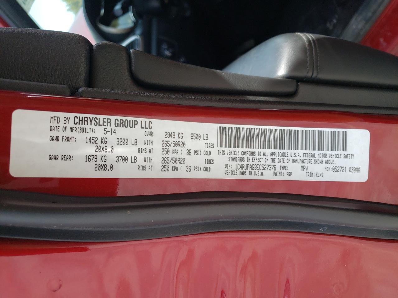 Photo 10 from auction – 2014 JEEP GRAND CHER with VIN 1C4RJFAG3EC527376