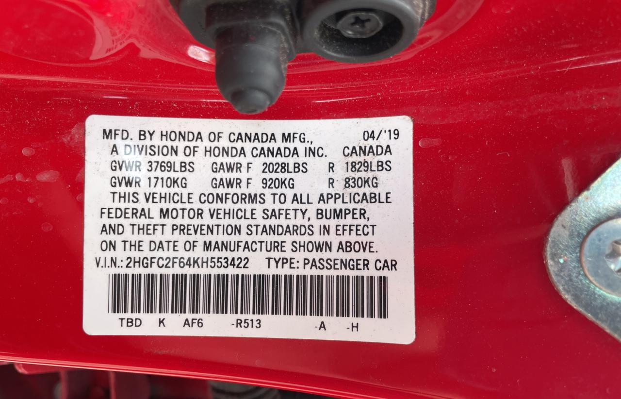 Photo 10 from auction – 2019 HONDA CIVIC LX with VIN 2HGFC2F64KH553422