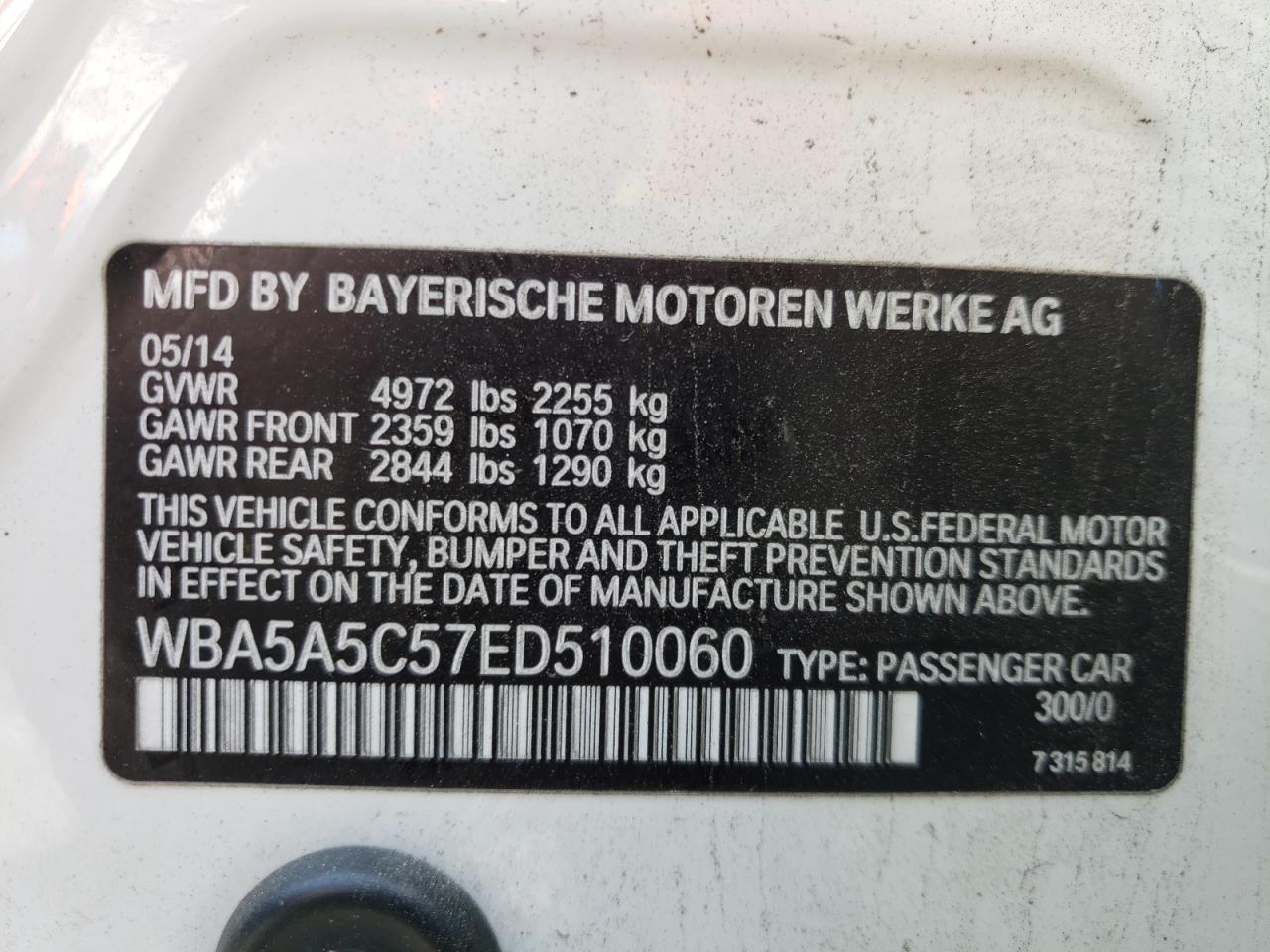 Photo 10 from auction – 2014 BMW 528 I with VIN WBA5A5C57ED510060