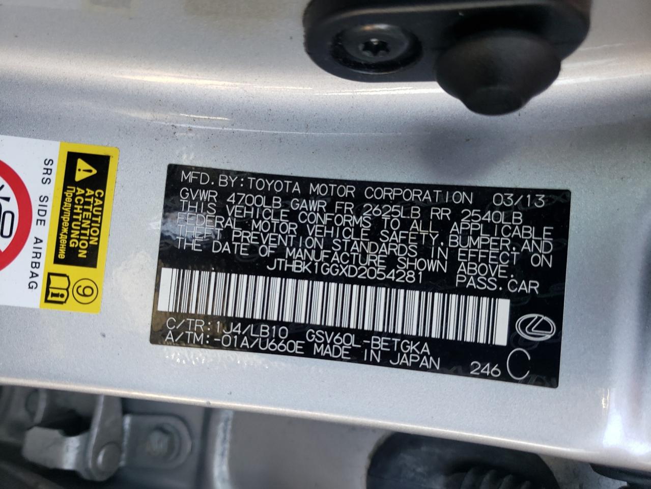 Photo 10 from auction – 2013 LEXUS ES 350 with VIN JTHBK1GGXD2054281